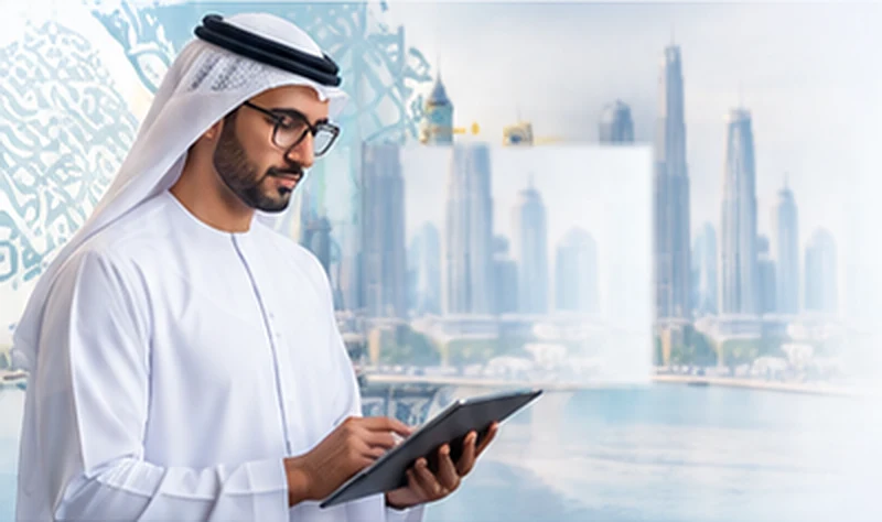 موظف إماراتي يراجع وثائق قانونية على جهاز لوحي أمام أفق دبي
